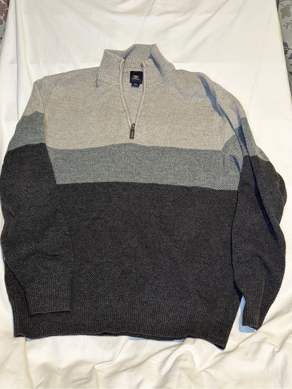 Dockers Men’s Three-Tone Half-Zip Sweater in Light Gray, Gray, and Charcoal